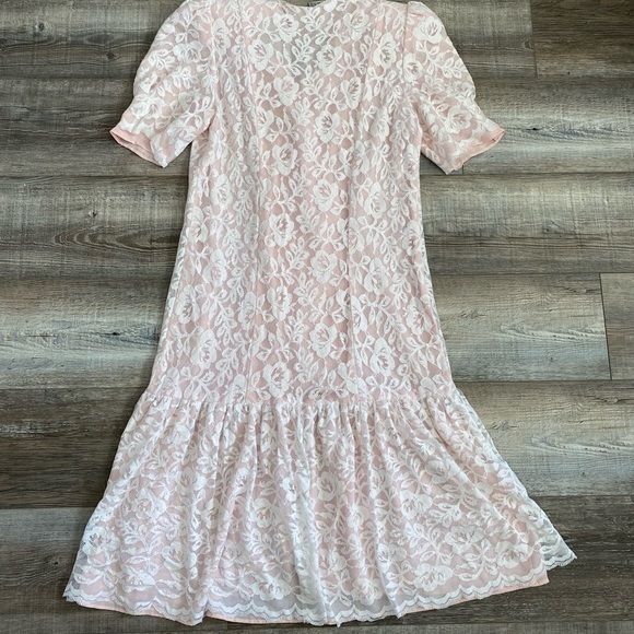 Vintage Pink Lace Overlay Drop Waist Button Down Vneck Dress Shoulder Pads - Picture 6 of 10